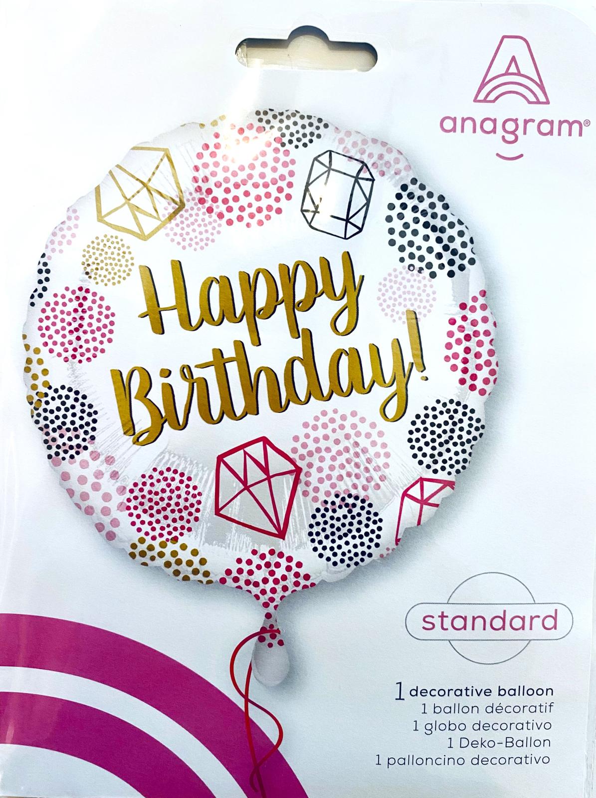 Folienballon rund - Happy Birthday: Diamanten - ø 43cm